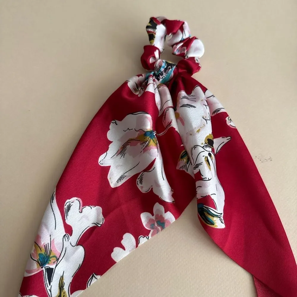 Red Floral Scarf Scrunchie K59
